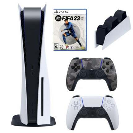 کنسول بازی سونی مدل PlayStation 5 ظرفیت 825 گیگابایت ریجن 1200 آسیا به همراه دسته اضافی و پایه شارژر و بازی FIFA 23