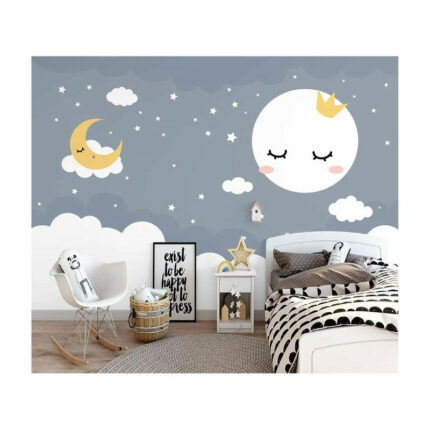 پوستر دیواری اتاق کودک مدل ماه و ستاره در شب