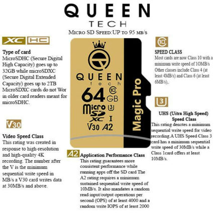 کارت حافظه Micro SD XC کوئین تک مدل A2-V30-633X کلاس 10 استاندارد UHS-l U3 سرعت 95MBps ظرفیت 64 گیگابایت به همراه آداپتور SD