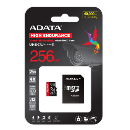 کارت حافظه MicroSDXC ای دیتا مدل HIGH ENDURANCE کلاس A2 V30 استاندارد UHS-I U3 سرعت 100MBps ظرفیت 256 گیگابایت به همراه آداپتور SD