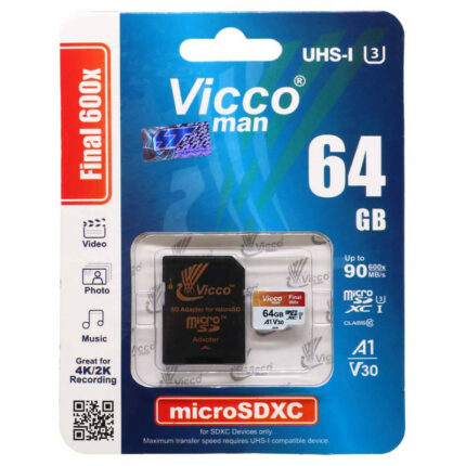 کارت حافظه microSDXC ویکومن مدل 600x plus کلاس 10 استاندارد UHS-I U3 A1 V30 سرعت 90MBs ظرفیت 64 گیگابایت به همراه آداپتور SD